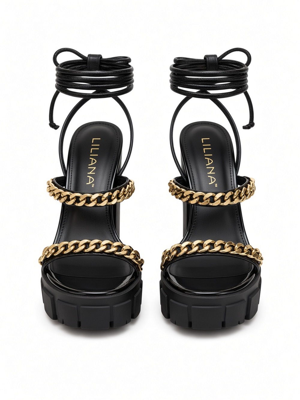 Liliana Black Platform Sandals with Gold Chain Straps and Ankle Wraps